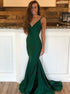 Mermaid Green V Neck Satin Prom Dresses with Sweep Train LBQ0224